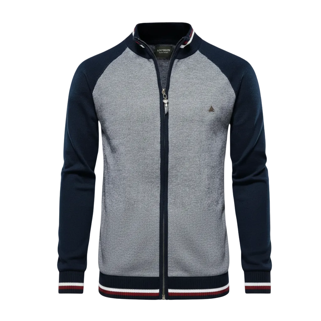 Zipper Color Block Standing Collar Cardigan Sweater