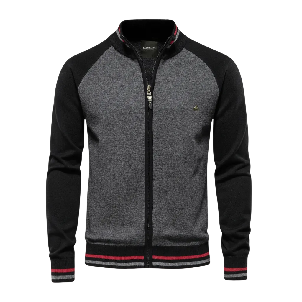 Zipper Color Block Standing Collar Cardigan Sweater