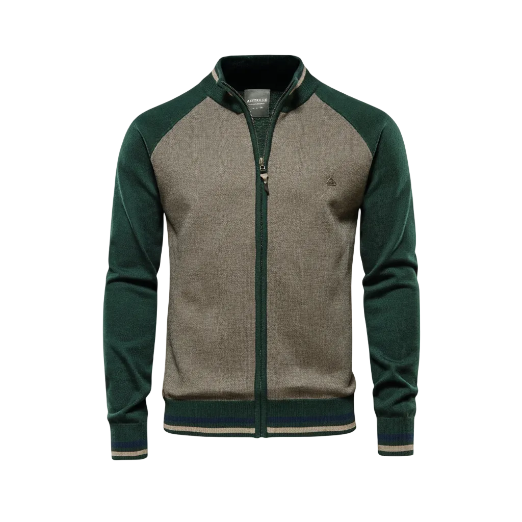 Zipper Color Block Standing Collar Cardigan Sweater